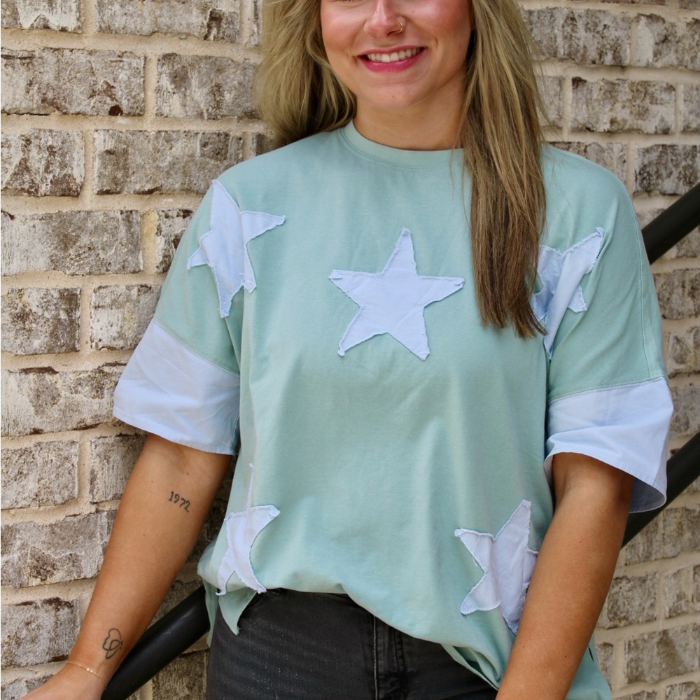 Mint Green Star Patterned Women's Top